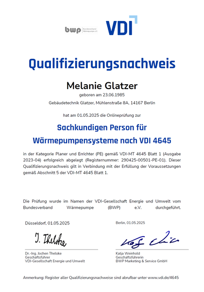 Qualifizierungsnachweis zur Sachkundigen Person für Wärmepumpensysteme nach VDI 4645 von Melanie Glatzer