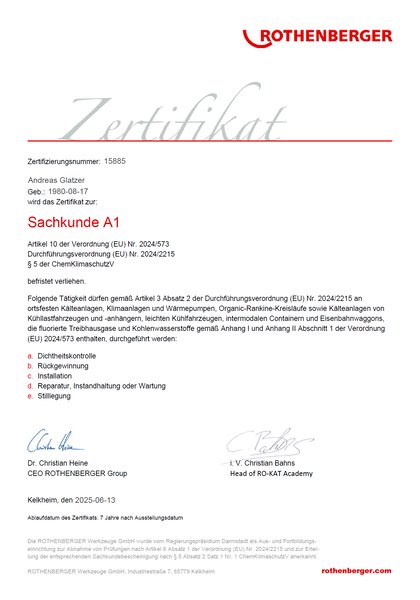 Zertifikat Sachkunde A1 gemäß Artikel 10 der Verordnung (EU) Nr. 2024/573, Durchführungsverordnung (EU) Nr. 2024/2215, § 5 der ChemKlimaschutzV